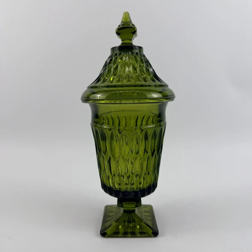 Indiana Glass Diamond Point Avocado Green Apothecary Jar Covered Pedestal